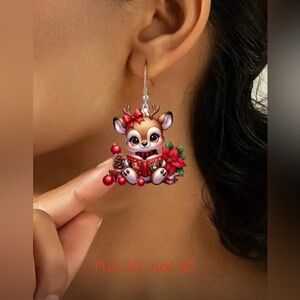 Reindeer Reading A Book Earrings with Red Accents